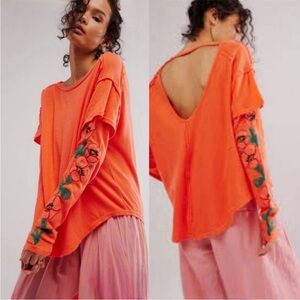 Free People Not Your Poppys  Embroidered Oversized T-Shirt Orange XS NEW